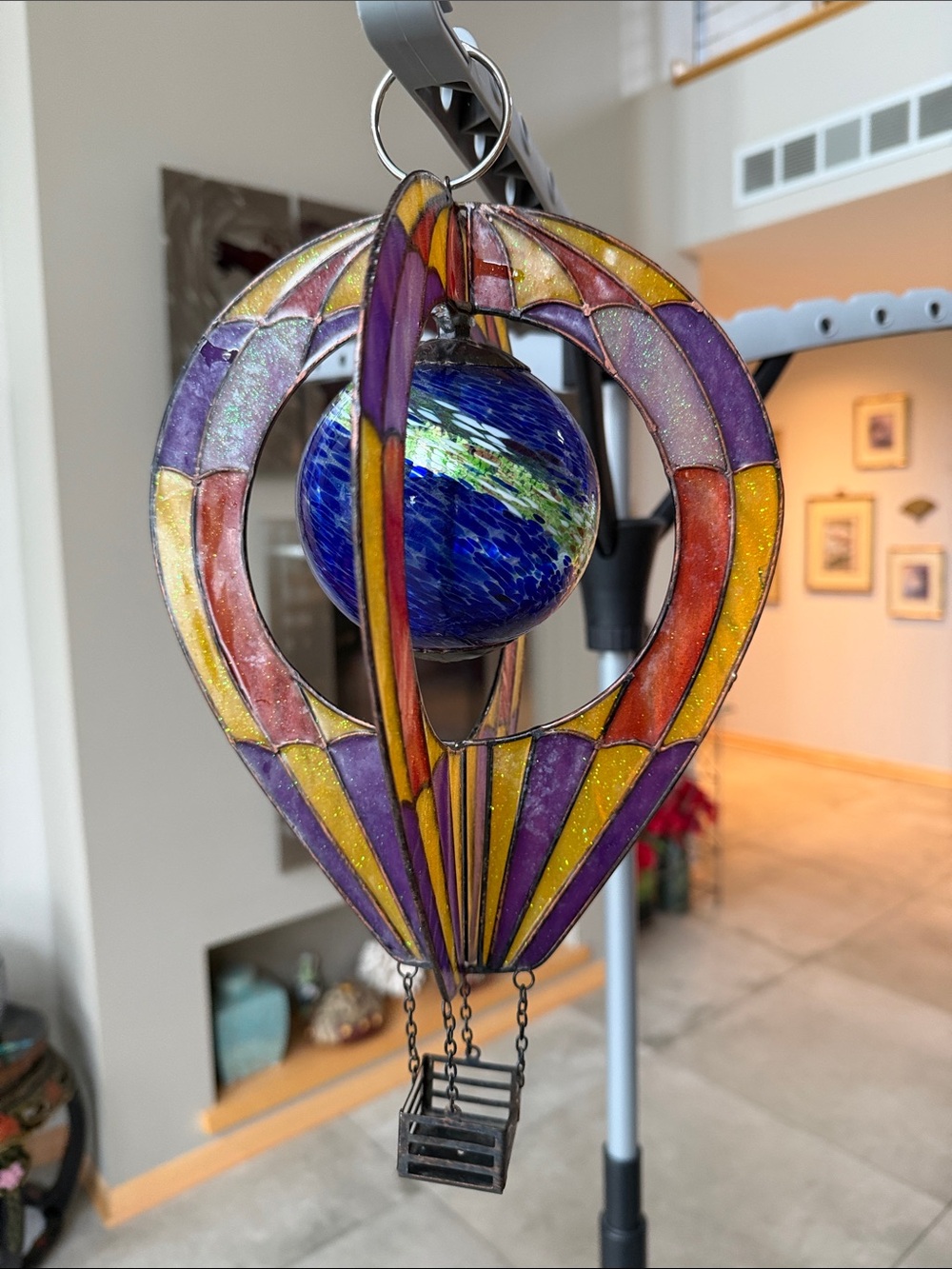 Vintage Stained Glass Hot Air Balloon Hanging Art - Purple, Yellow & Blue - Picture 2 of 10